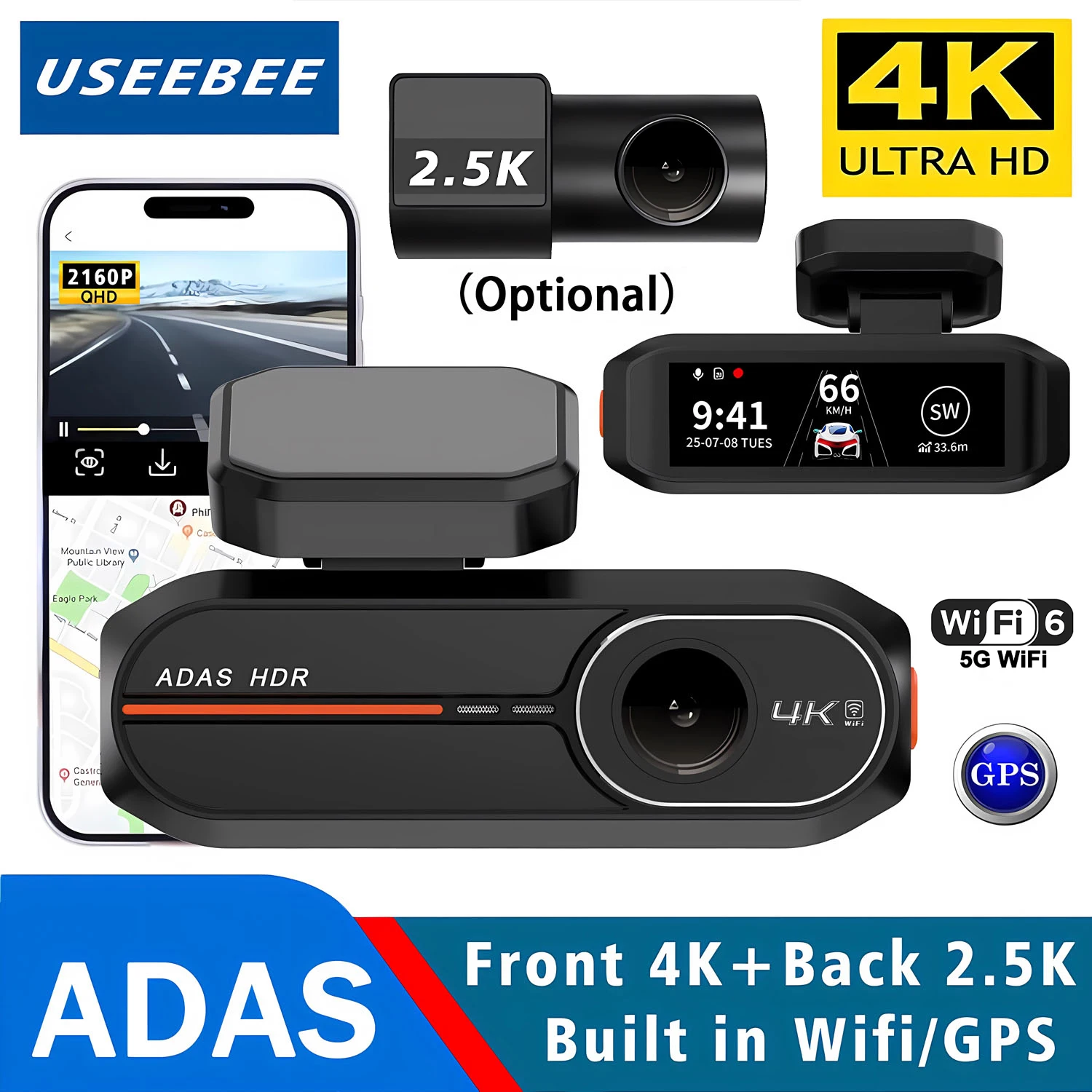 ADAS Dash Cam 3840*2160P 4K + 2.5K Dual Lens Car DVR With ADAS 5G WiFi GPS Dashcam Black Box Video Drive Recorder Night Vision