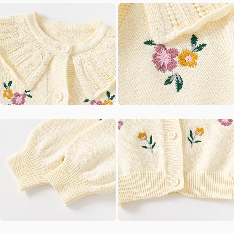 Autumn Winter Toddler Girls Cardigan Cotton Knitted Flower Embroidery Lapel Long Sleeve Baby Girls Sweaters Kids Girls Coat