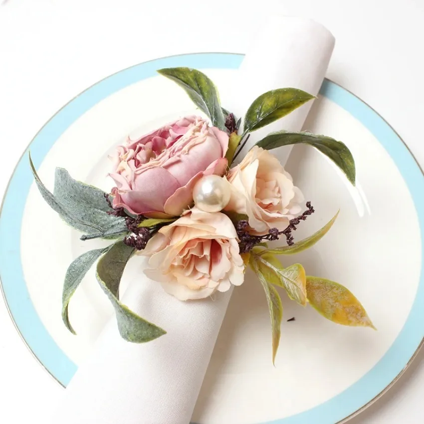 12pcs Artificial Flower Napkin Holder Newest Napkin Rings for Wedding Party Event Table Decoration Home Banquet Dinner Decor