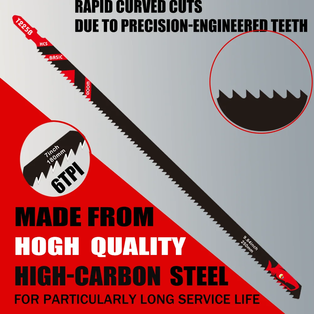 10-Inch 6Tpi Long Jigsaw Blades for Wood, 5/10/20-Pack T225B Sabre Saw Blades, Professional Woodworking Blades for Fast Cutting
