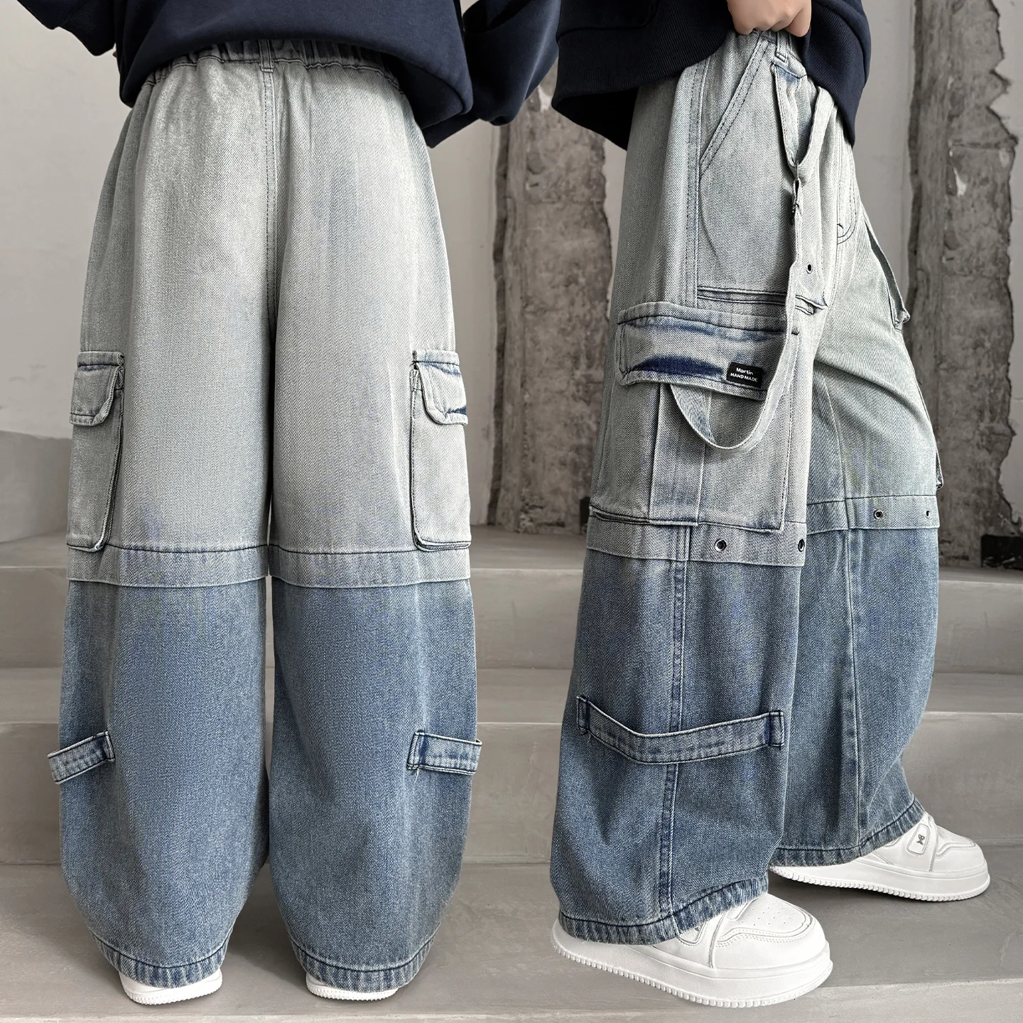 

Children Vintage Heavy Cargo Jeans with Multi Pocket for Boys y2k Harajuku Hip Hop Gradient Blue Washed Distressed Denim Pants