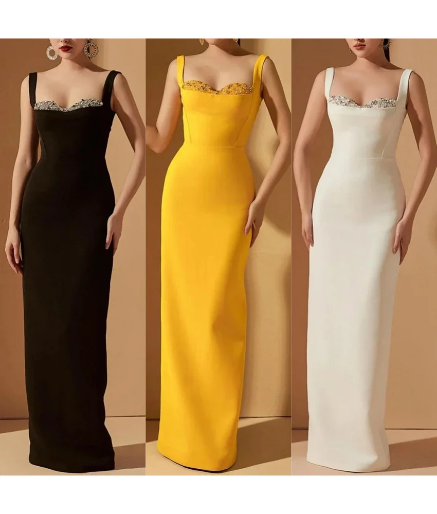 

Customized Temperament Jersey Straight Spaghetti Straps Crystal Evening Dress High Quality Sweetheart Sleeveless Prom Gowns