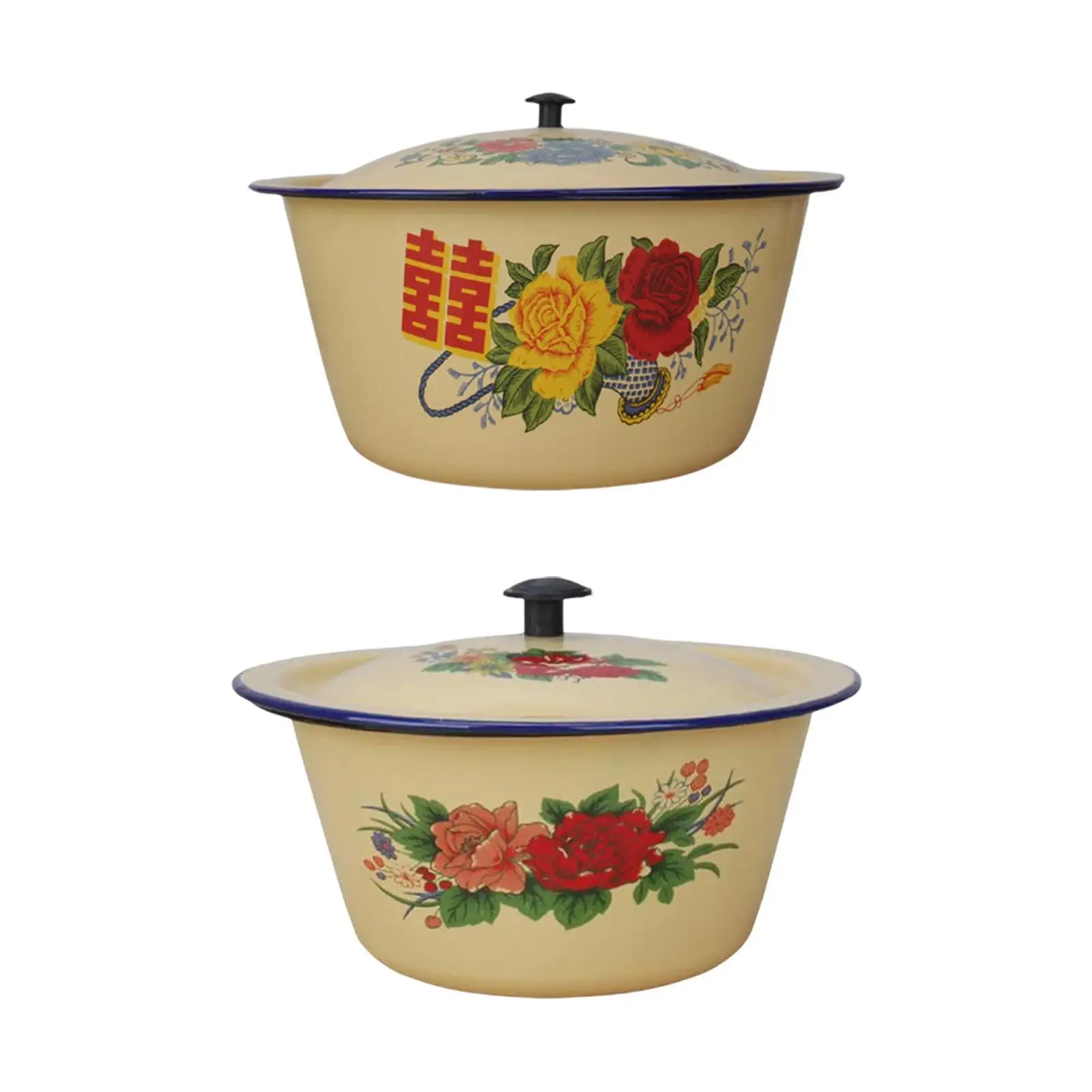 Enamel Mixing Bowl with Lid Old Fashioned Enameled Bowl Traditional Soup Basin for Pasta Kneading Dough Fruits Grains Vegetables