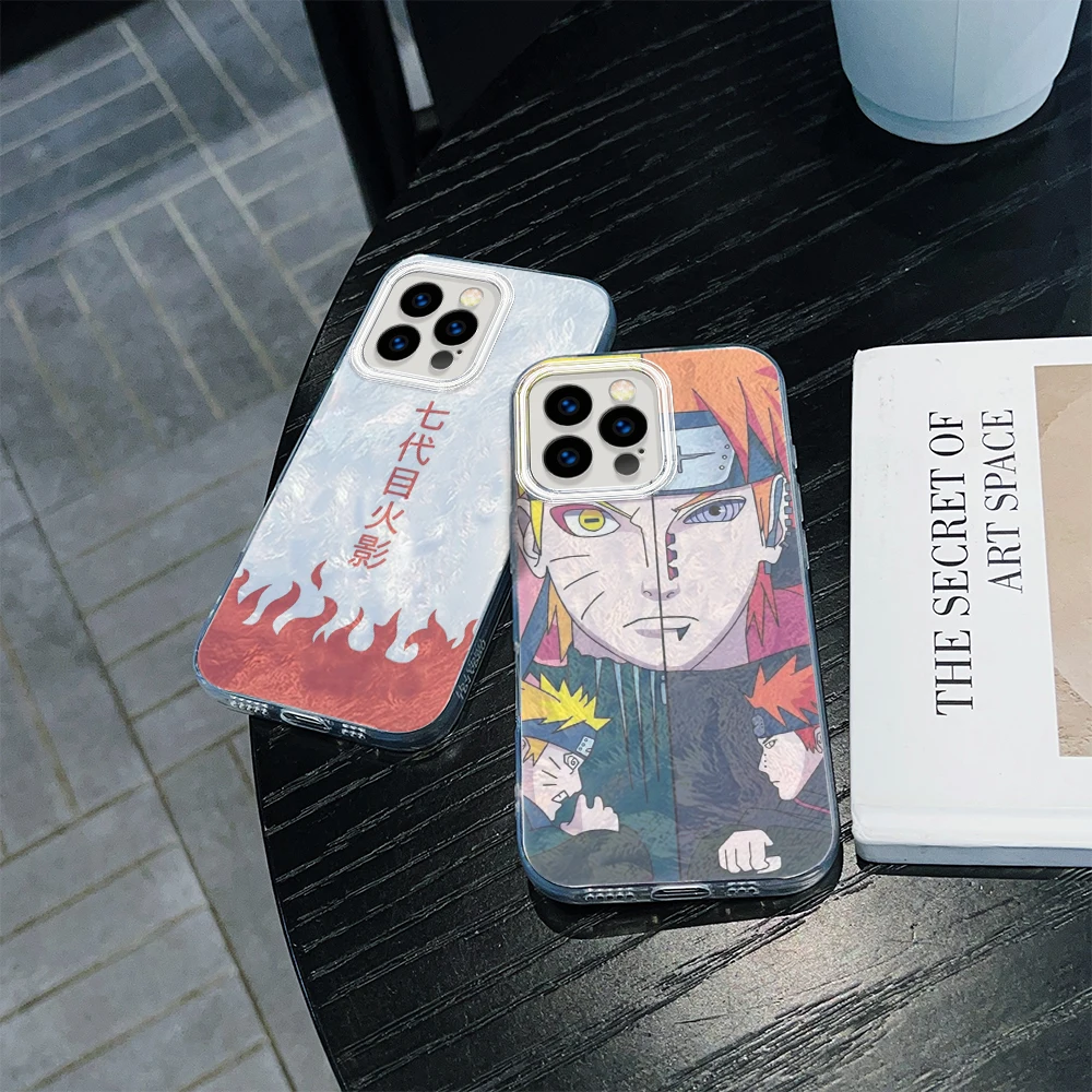 For iPhone 11 12 13 14 15 16 Pro Max Plus Glacier Chiffon Texture Silver Plated Clear Frame Case SS230 Naruto Cartoon Design