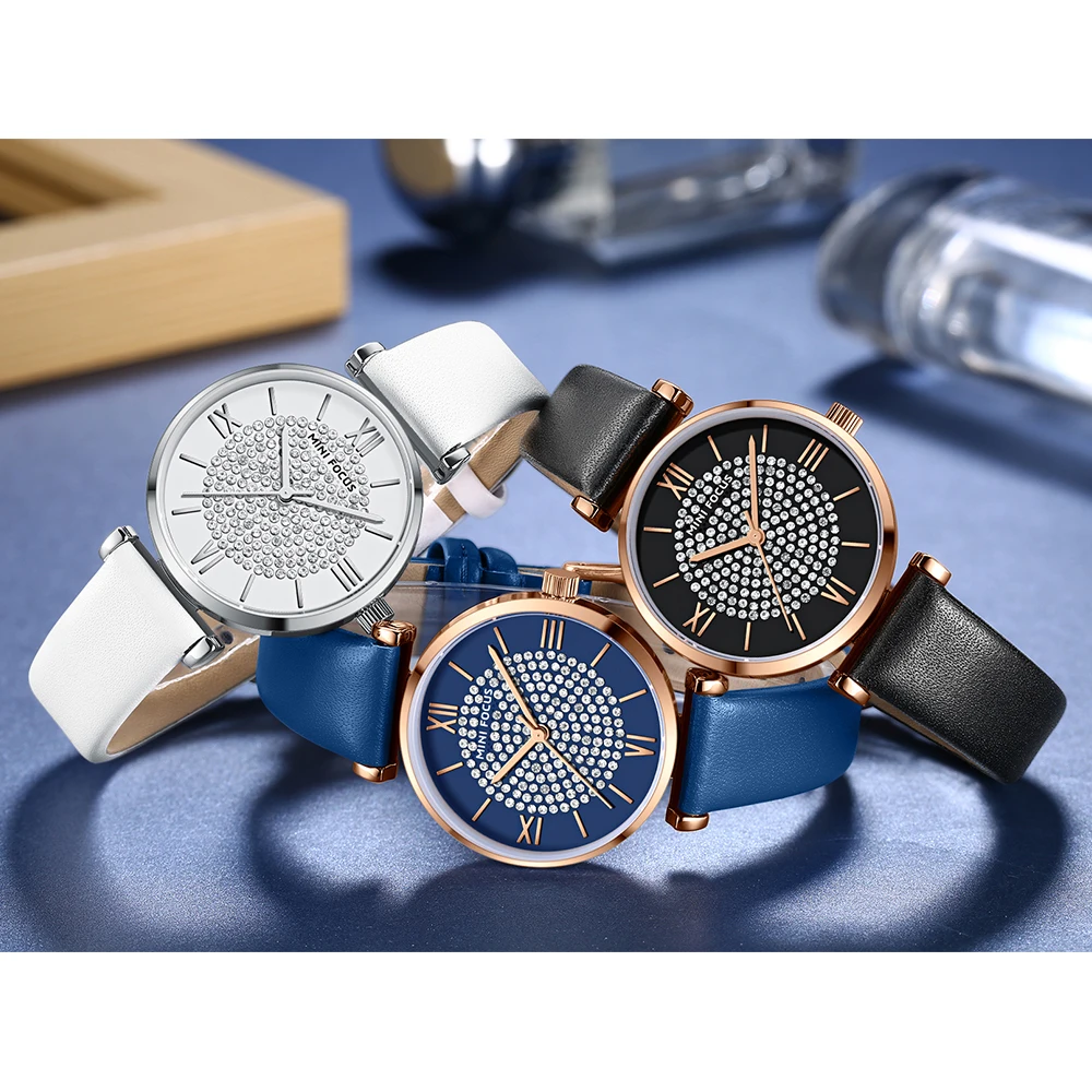 MINI FOCUS MF0334L Women Luxury Watch Diamonds Dial Brown Genuine Leather Strap Waterproof Ladies Quartz Watches