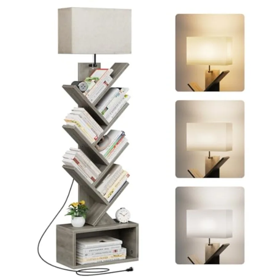 

6 Tier Tree Bookshelf with Light Narrow Bookcase Tower Tall Floor Standing Book Shelf Organizer with Storage Cabinet