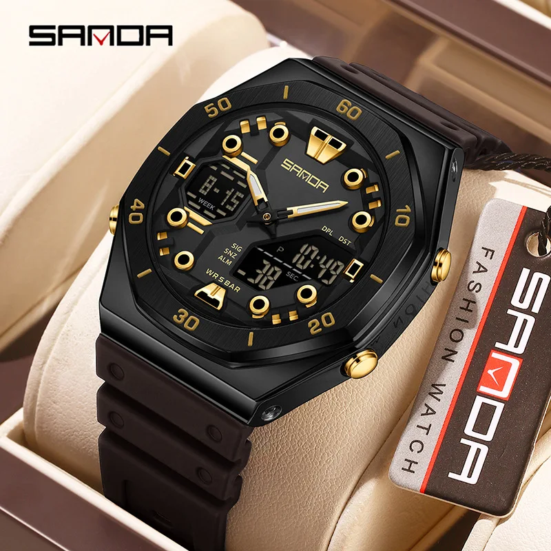 SANDA6306 New Korean Edition Electronic Watch, Men's Double Movement, Night Light Countdown, 28 Time Zones, 4 Alarm Clock Sets