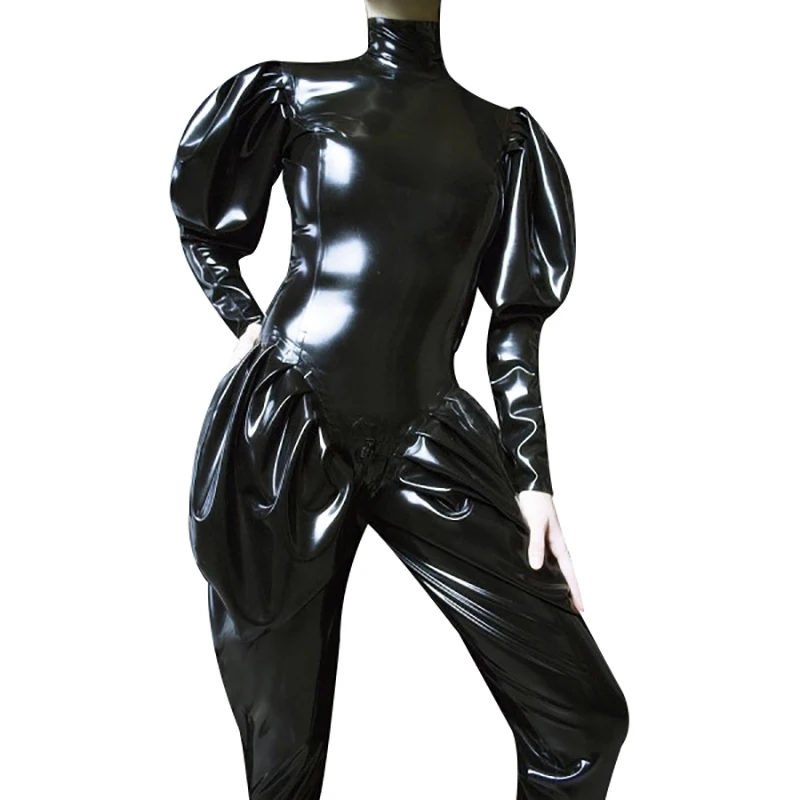 

Black Sexy Latex Catsuits Back To Front Crotch Zipper Puff Sleeves Wide Leg Frill Rubber Jumpsuit Bodysuit Zentai Jumper 0324