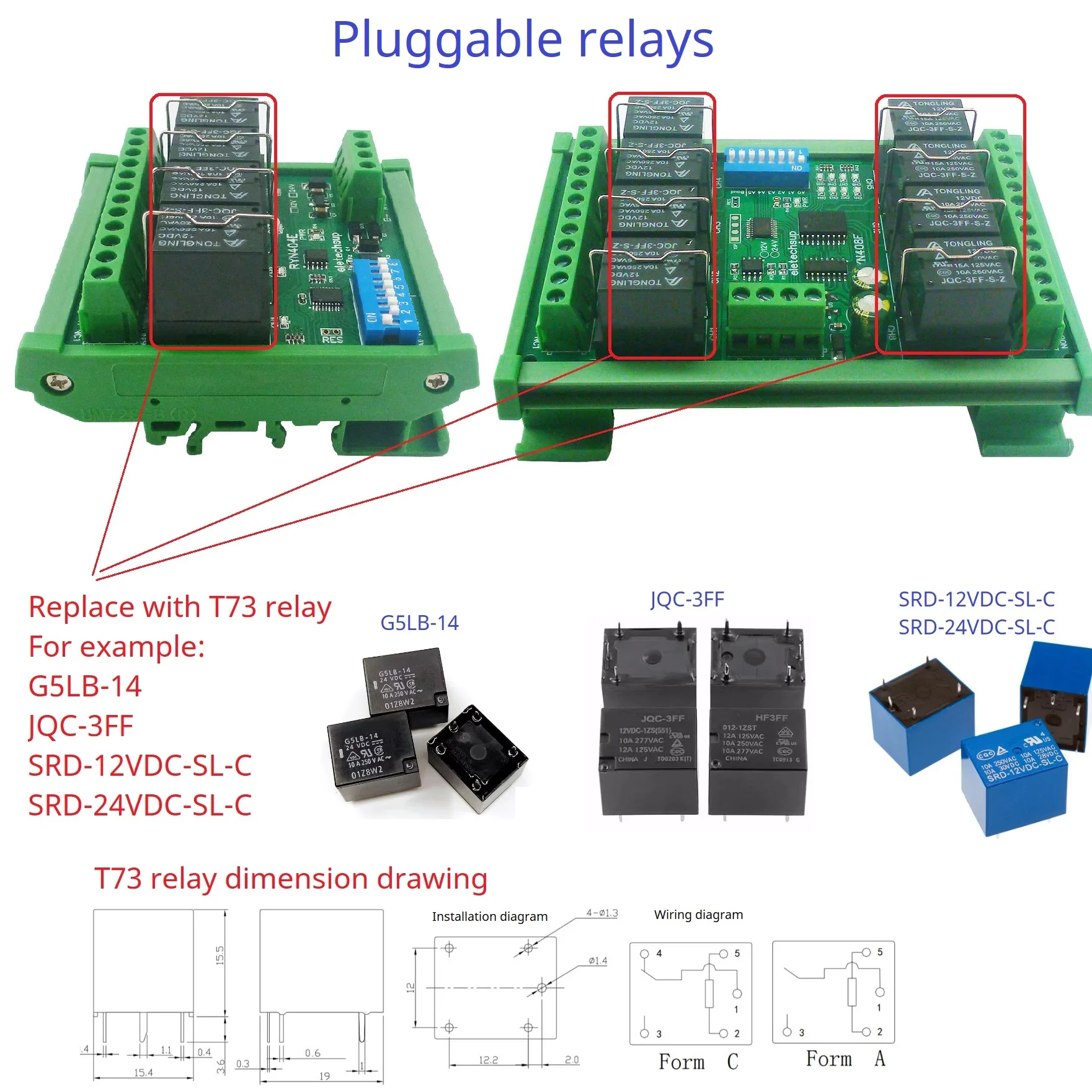 RYN404E RYN408F T73 Pluggable Relay Module RS485 Modbus RTU IO Board Momentary Self-Locking Interlock Delay Switch