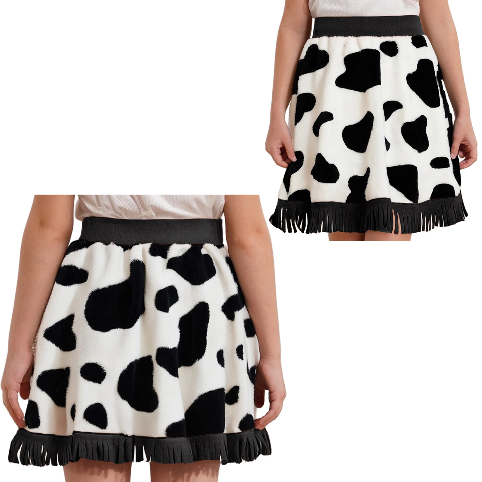 

Masquerade Girls Cowgirl Cosplay Color Contrast Elastic Waistband Suede Tassel Flannel Skirt Halloween Party Roleplay Costume