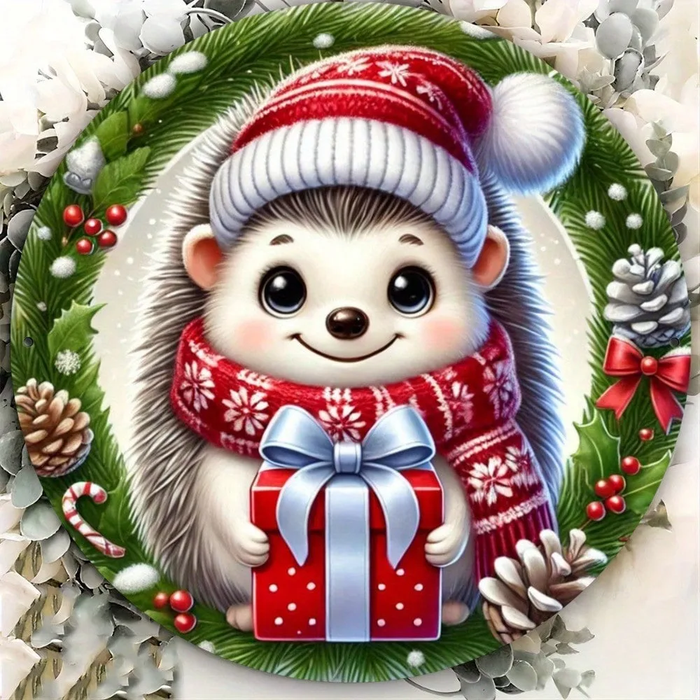Personalized Cute Hedgehog Christmas Iron Sign 7.8x7.8 Inch - Durable Home Decor Gift for Front Door Porch Living Room Bedroom