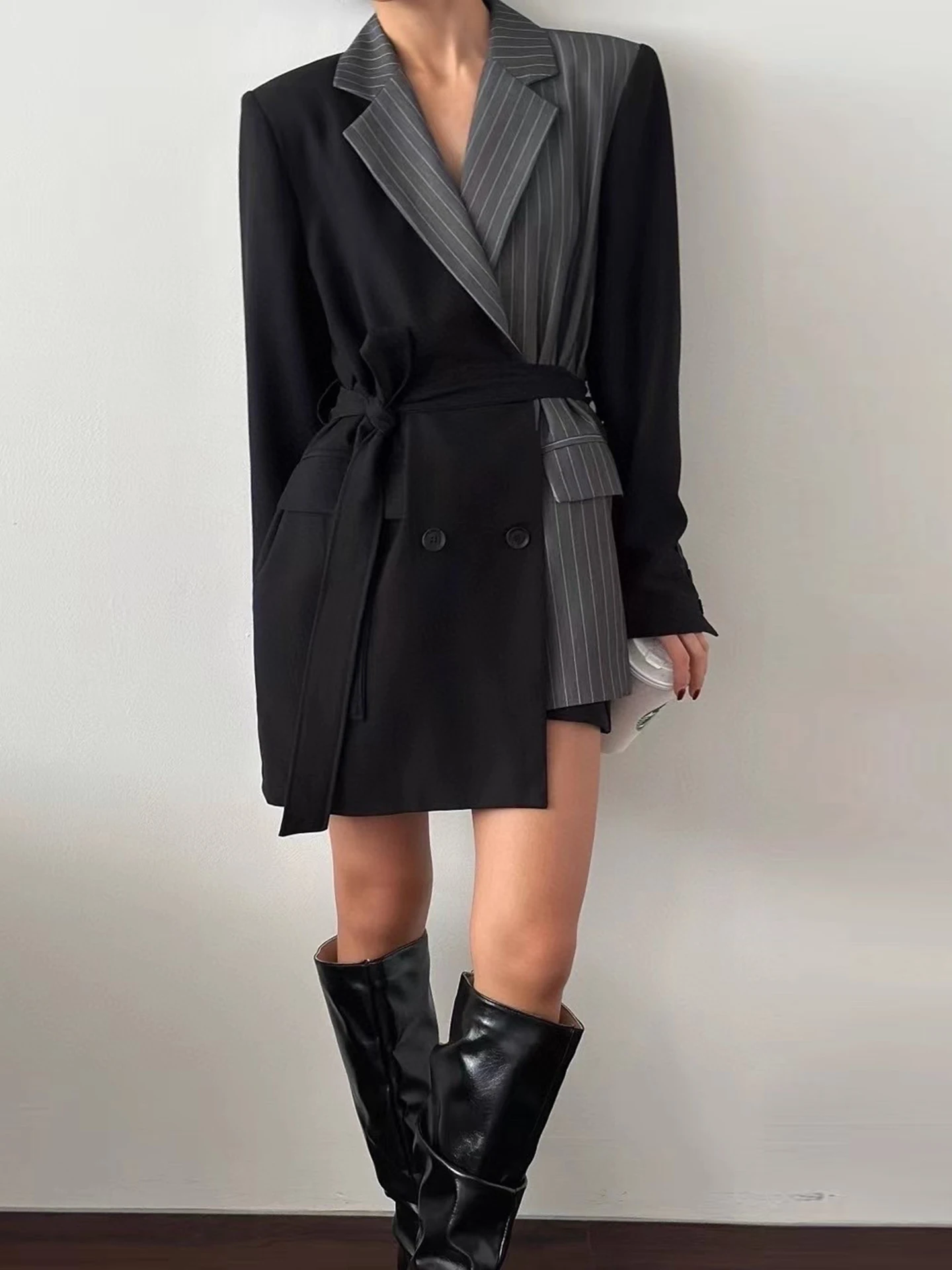 Chic Autumn Asymmetric Color Blo Striped Belted Long Sve Suit Jaet Women's Commute Sle Loose Fit Double Breasted