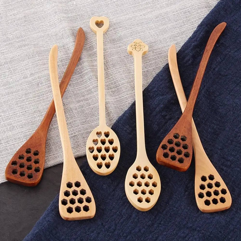 Wooden Honey Dipper Sever Mixing Stick Spoon Honeycomb Heart Pattern