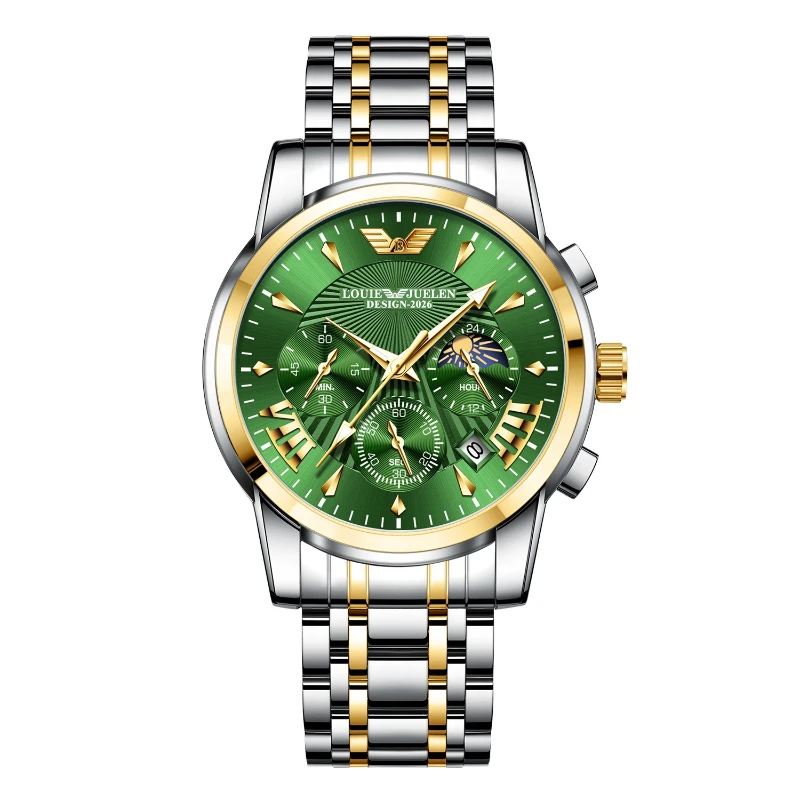 LOUIE JUELEN 2026 Men's Multi - function Chronograph Sun Moon Stars Quartz Watch - 3ATM Waterproof Business Casual Wristwatch