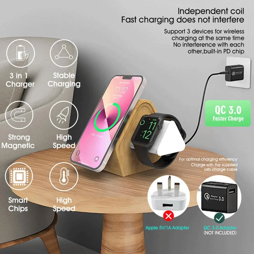 3-in-1 Charger Stand with Bamboo Cabin Style for Apple, 16, 15, 14, 13, 12 Series Fast Wireless Charger