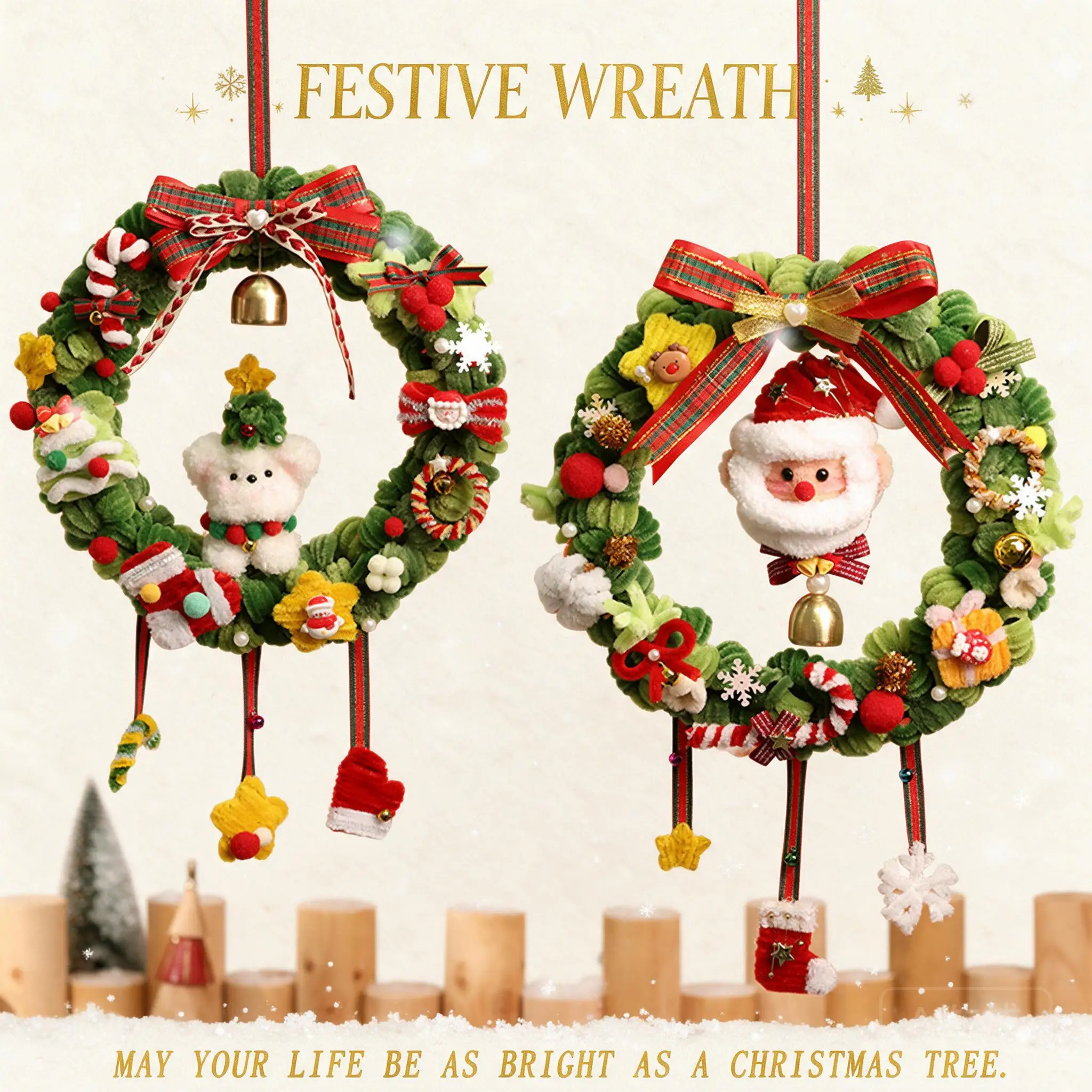 Diy Christmas Wreath Kit Handmade Chenille Stem Door Hanger Festive Holiday Home Party Decor Craft Gift With Optional Led Lights