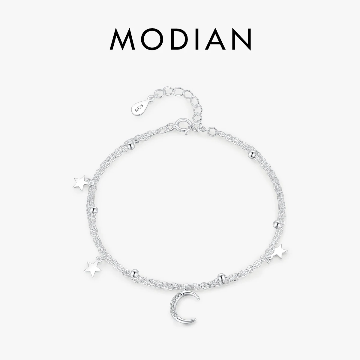 MODIAN 925 Sterling Silver Bead Stars & Moon Bracelets Classic Double Layer Link Chian For Women Girls Fine Jewelry Gifts