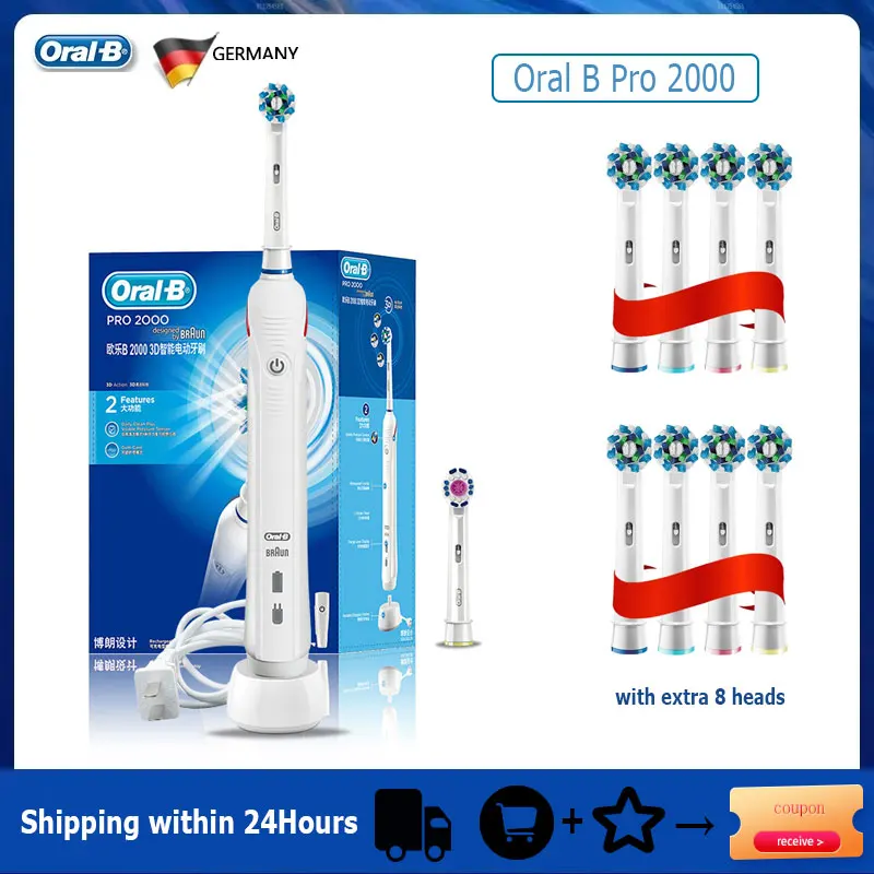 Oral B-cepillos de dientes eléctricos Pro2000, rotación sónica 3D, blanqueamiento dental, 2 modos, Sensor de presión Visible, recargable, resistente