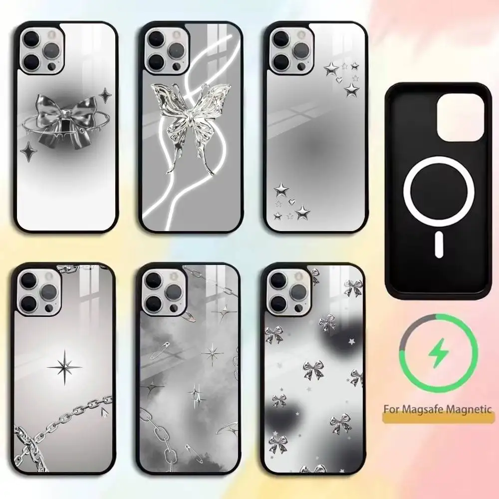 

Sliver bow Phone Case For iPhone17,16,15,14,13,12,11 Plus,Pro Magnetic For Magsafe Wireless Charging