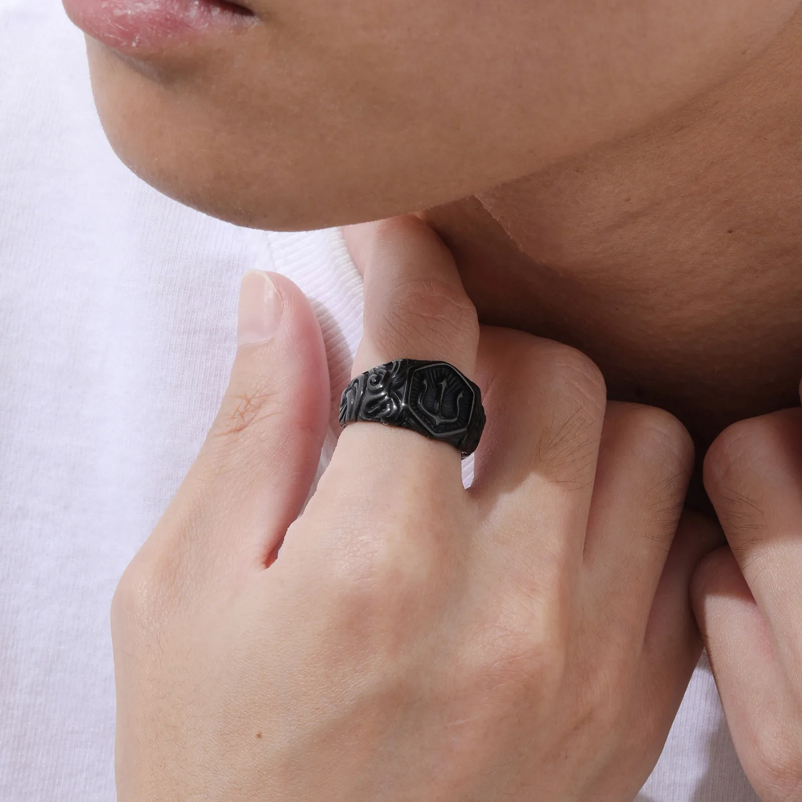 Trident Signet Ring for Men Boys,Black Stainless Steel Stamp Ring Thumb Ring,Rock Punk Jewelry