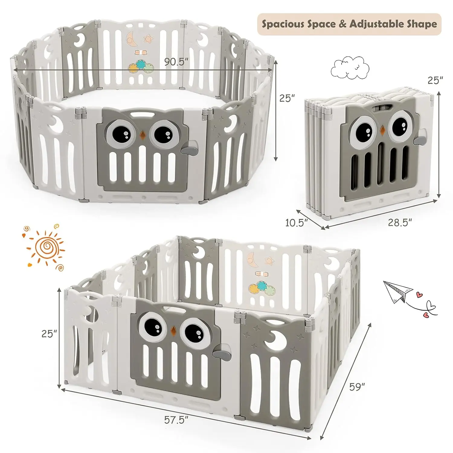 Cour de jeu pour bébé, centre d'activité pour parc pour bébé de Style hibou à 14/16 panneaux pour les tout-petits, base antidérapante et porte verrouillable