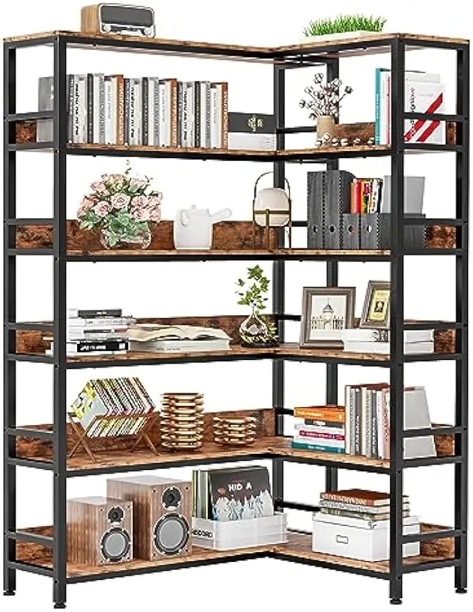 Industrial Bookshelves 6 Tiers Corner Bookcases with Baffles Etagere Shelf Storage Rack with Metal Frame for Living Room Home Of