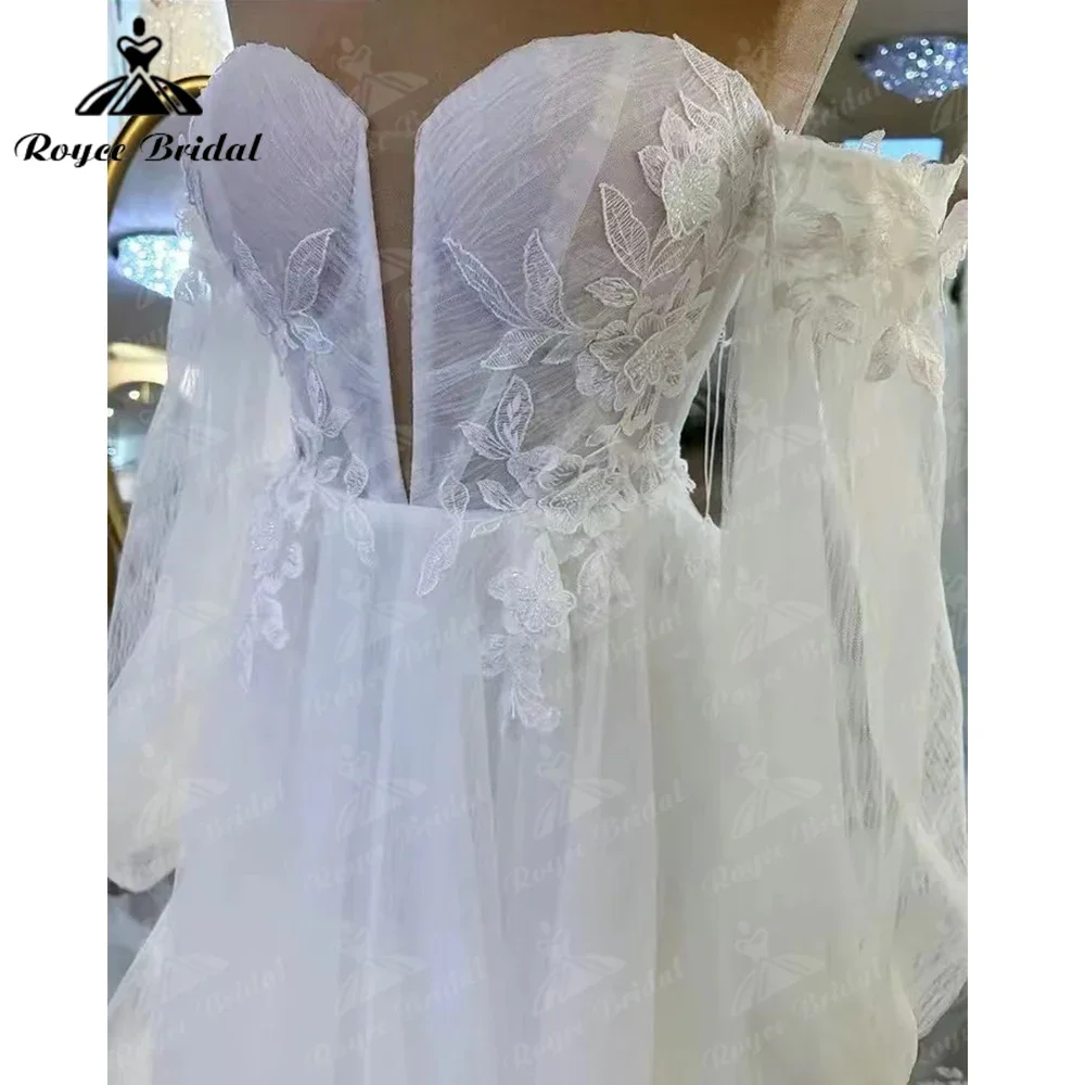 Bohemian Detachable Sleeve Pleat A-Line Wedding Dresses Floral Appliques Lace Bridal Gowns Robe de mariee