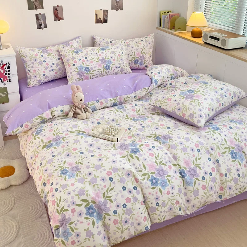 Spring and Summer Four- Cotton Simple Printed Quilt Cover Bed Fitted Sheet Student Dormitory Three-Piece Set