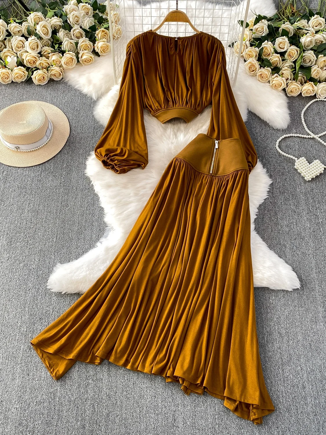 Chic ort Folded Waist Lantern Sve Top High Waist Slimming Asymmetrical Slit Long Skirt Set Lightweight Mature Sle