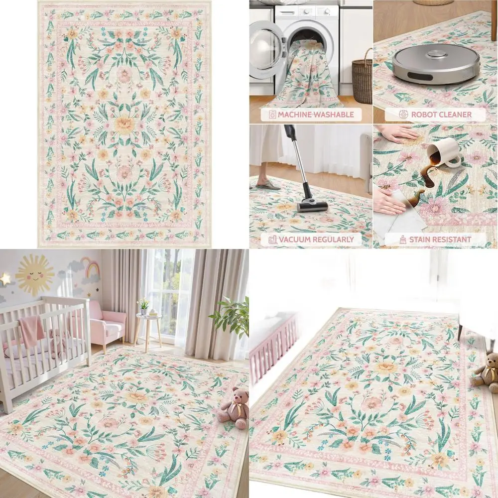 

5x7 Pink Floral Nursery Rug,Pink Rugs for Bedroom Girls,Machine Washable Non Slip Soft Faux Wool Carpet,Cute Boho Indoor Area Ru