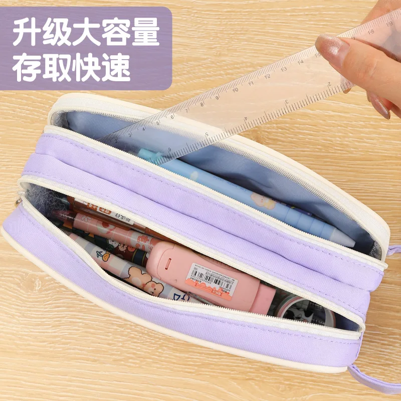 1 Stuk Creatieve 3-laags Etui Voor Student Eenvoud Koreaanse Mode Effen Kleur Potlood Tas Hoge Capaciteit Briefpapier Tas