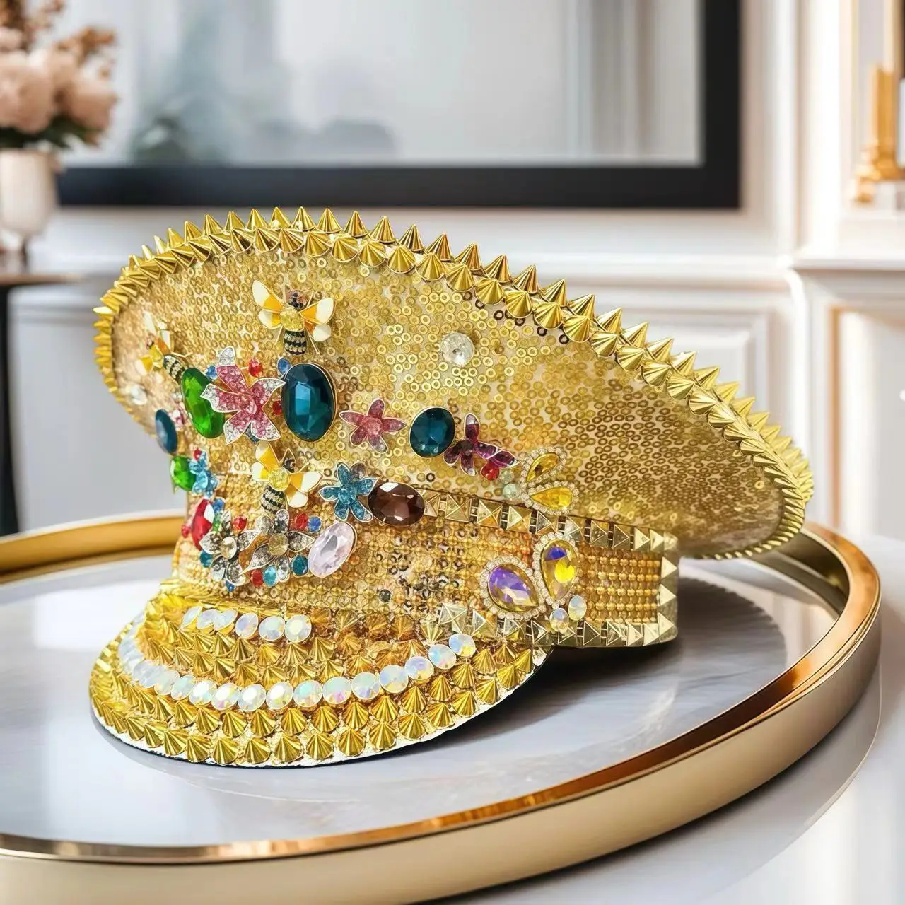 HongLuan Yellow Laser Leather Loop Captain Hat Rhinestone & Military Caps for Woman, Rave Festivals Accessories ＆ Party Cap Man