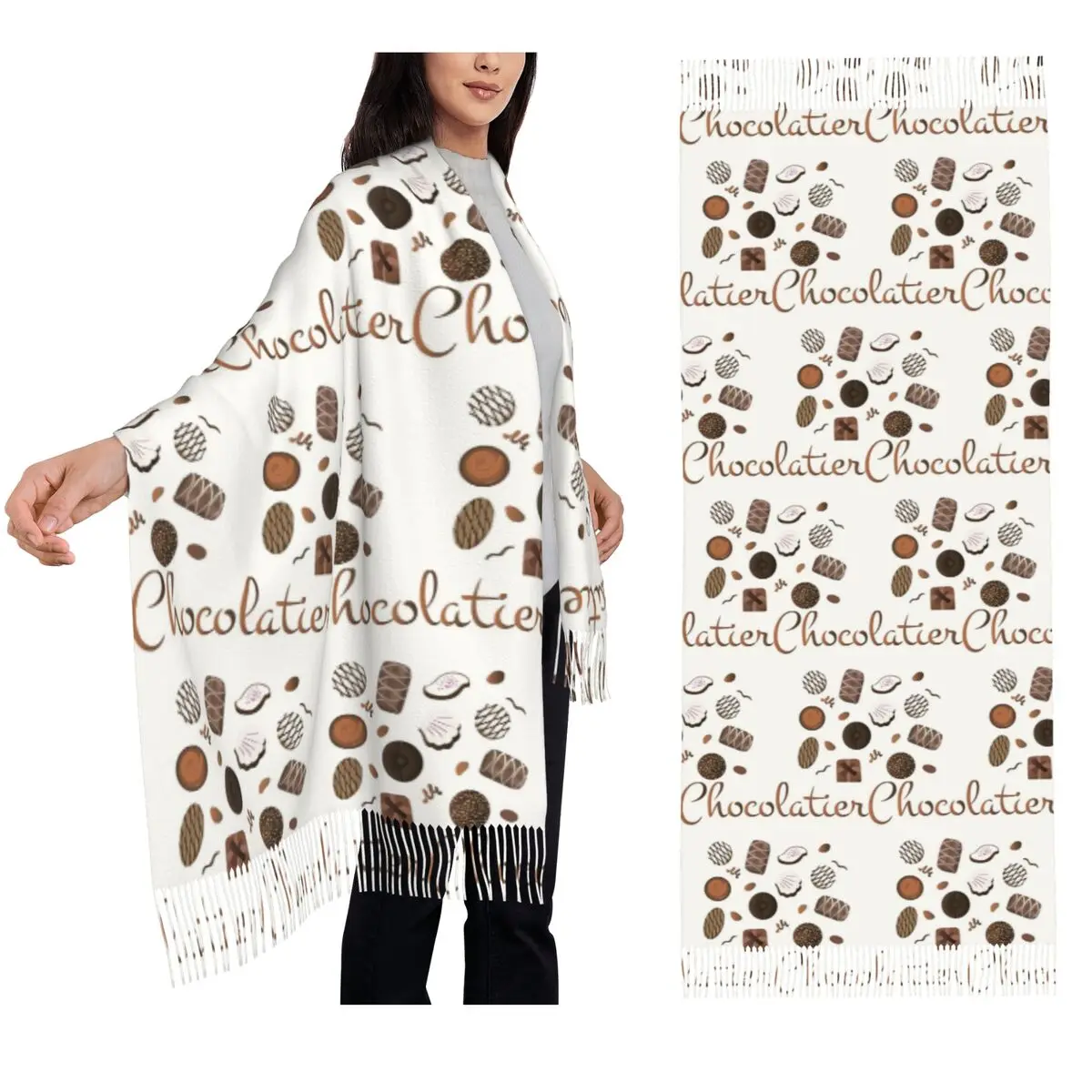 

Шоколадные конфеты, шарф с кисточками, женские мягкие теплые шали и накидки, большая осенне-зимняя шаль