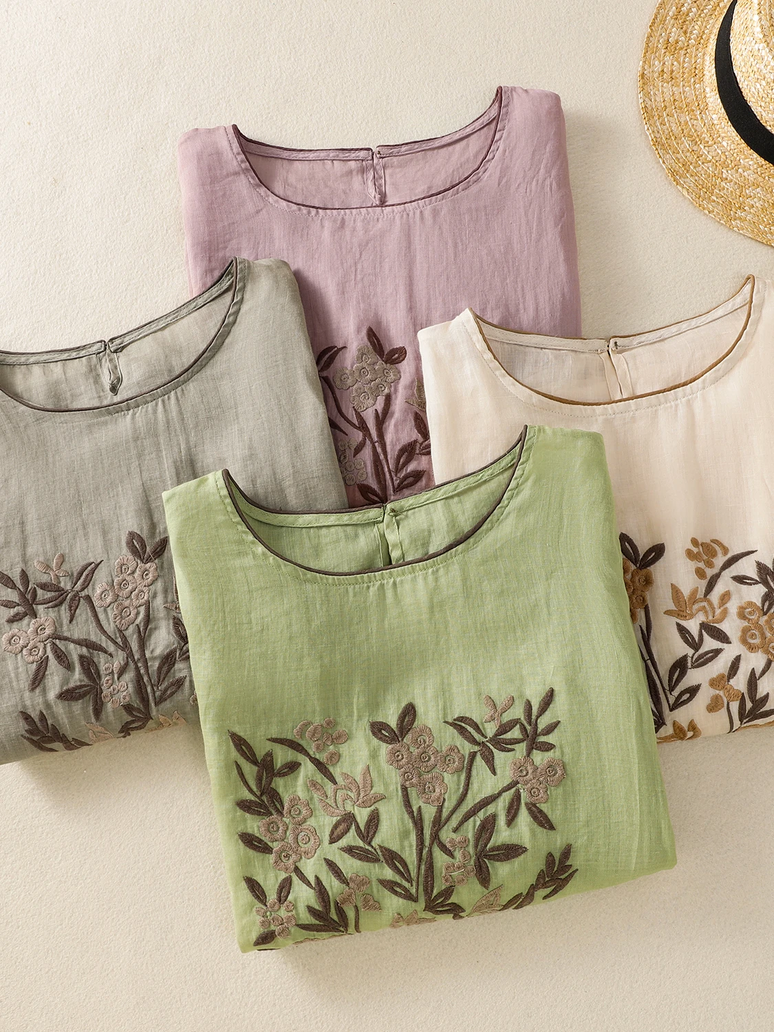 

Свободная футболка из хлопка и льна с вышивкой, женская лоскутная футболка большого размера Seven Sve round Ne, тонкий повседневный универсальный топ