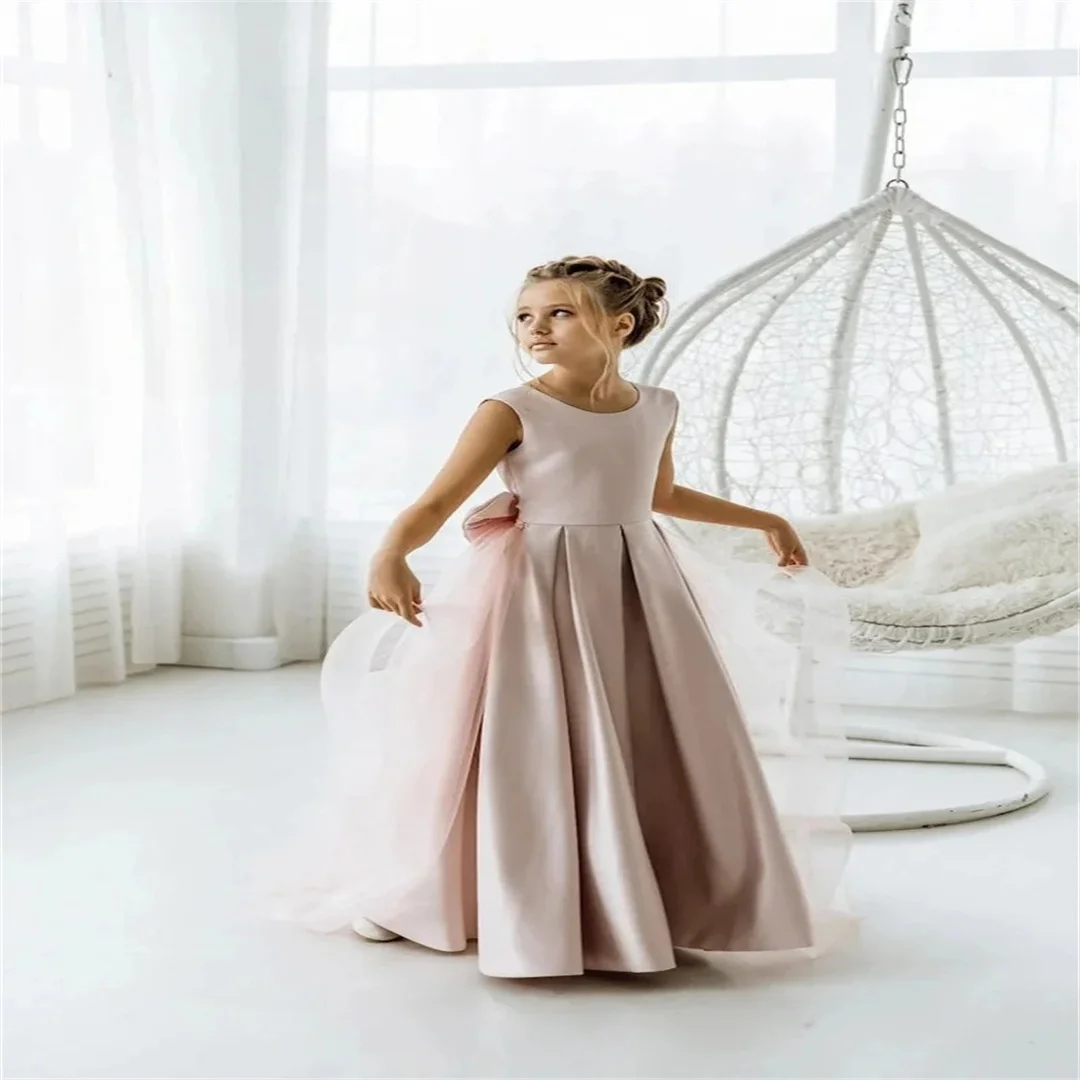 Customized Pink Flower Girl Dress For Wedding Satin Backless With Bow Elegant Kids Quinceanera First Communion Bridesmaid Gown