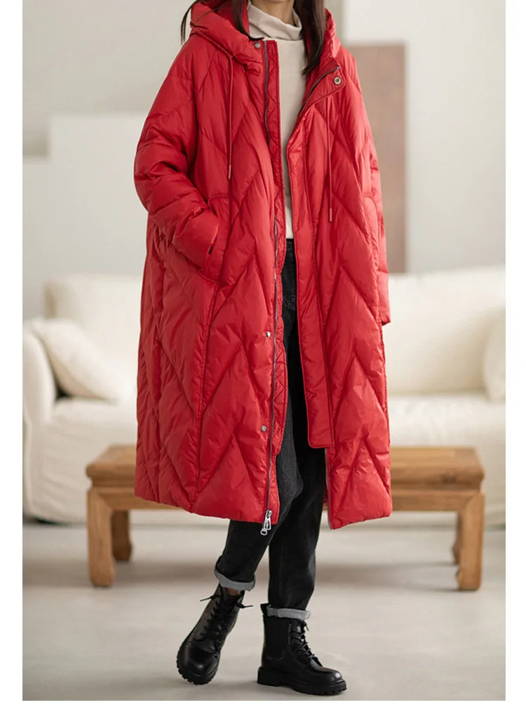 Schinteon Women 90% White Duck Down Long Jacket with Hood Casual Loose Over Size Winter Warm Outwear High Quality 2026 New