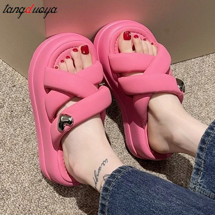 Shoes Woman 2024 Female Slippers Luxury Slides Platform Med New Soft Flat Designer Summer PU Rubber Casual Fashion Cross-tied