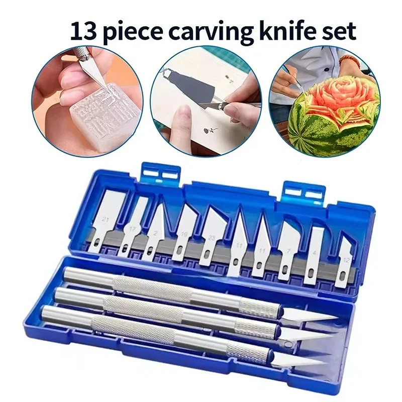 13pcs Metal Carving Knife Set Aluminum Alloy Handle With 10 Blades Portable Mini Paper Cutter DIY Artwork Precision Repair Tools