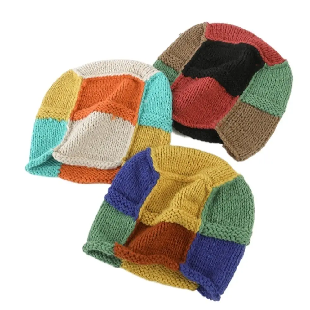 Colorful Gradient Plush Hat Stripe Handmade Woolen Hat Split Color Beanie Cap Knitted Hat Autumn