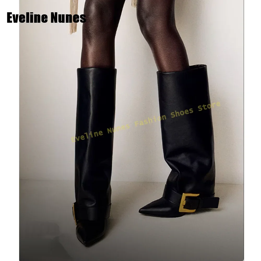 Women Elegant Knee High Boots Street Style 2025 Metal Square Buckle Trouser Boots Pointed Toe Stiletto Pull On Autumn Shoes New