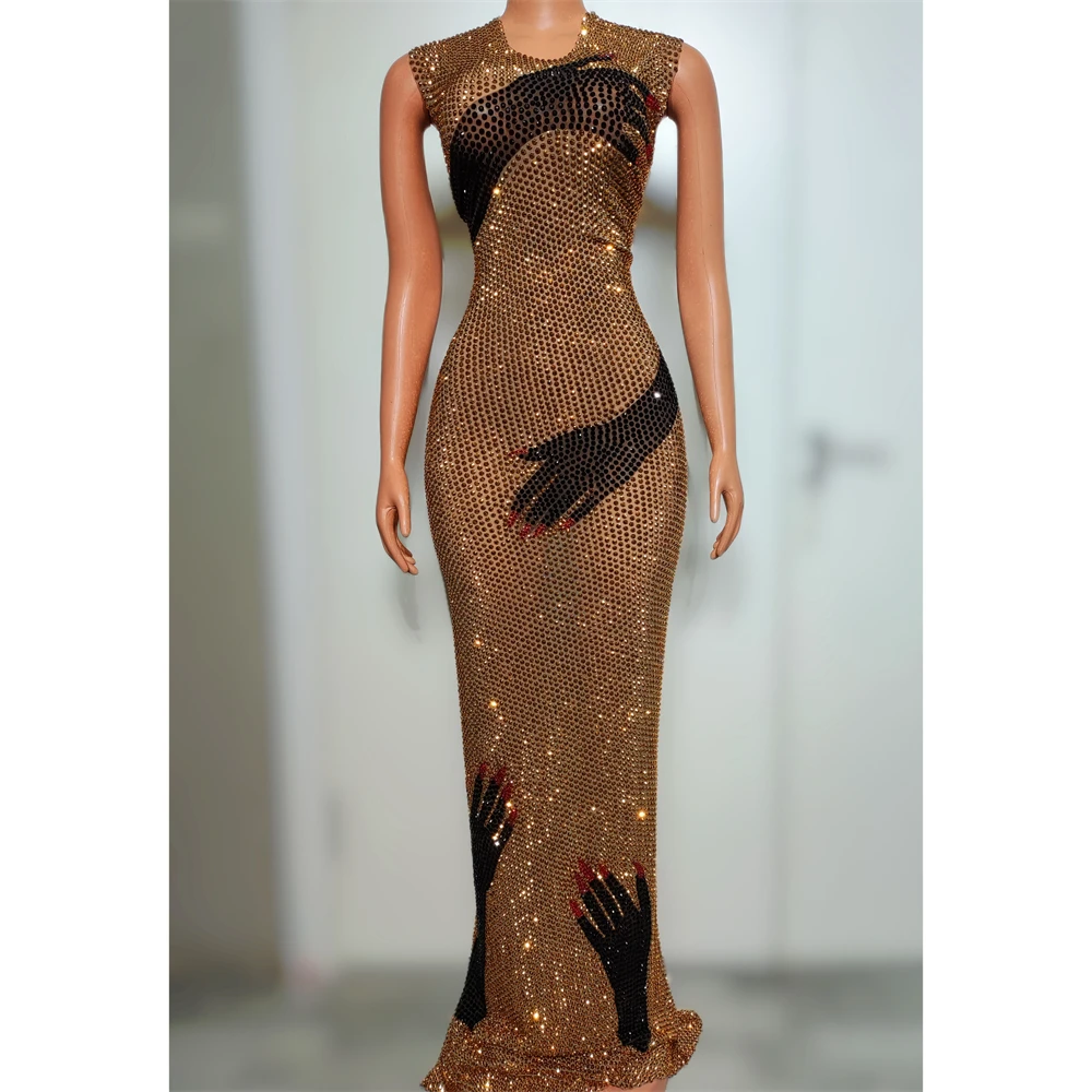 New Performance Dress Black Hand Long Dress Nightclub DJ Bar Female Singer Full Diamond Printed Mesh Dance Team DS Grand Show