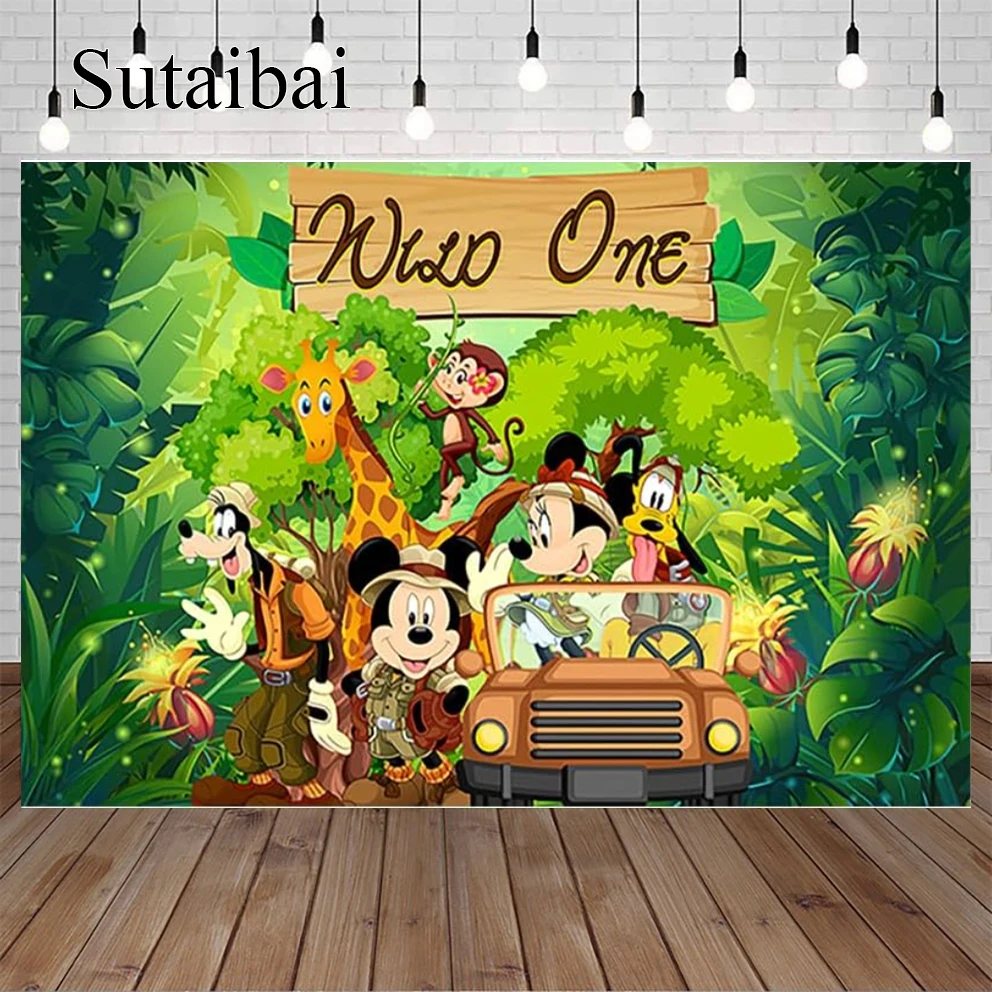 Green Wild One Backdrop for Mickey Safari Party Jungle Safari Photo Background for Mickey Theme Party Caketable Decorations