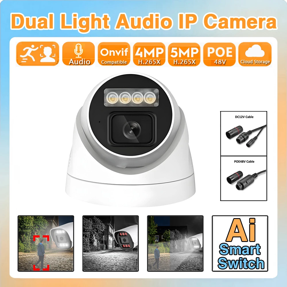 

Mic Audio IP POE 5MP 4MP Camera Night Vision Full Color Dual Mode Xmeye White Light ONVIF Indoor Dome Clear Sound Capture Home