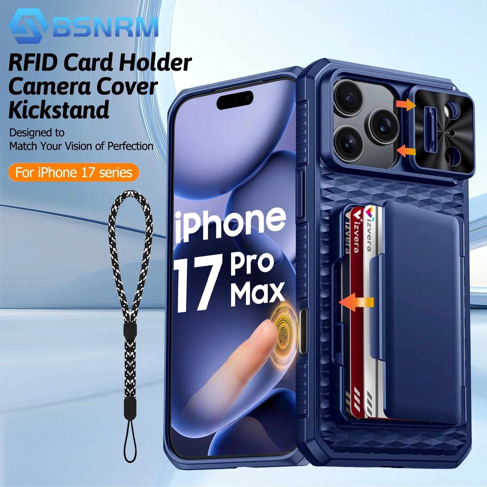 

Чехол для iPhone 17 Pro/17 Pro Max, кошелек — защитный чехол для всего тела с держателем для карт (4 карты), чехол для камеры и подставка, синий