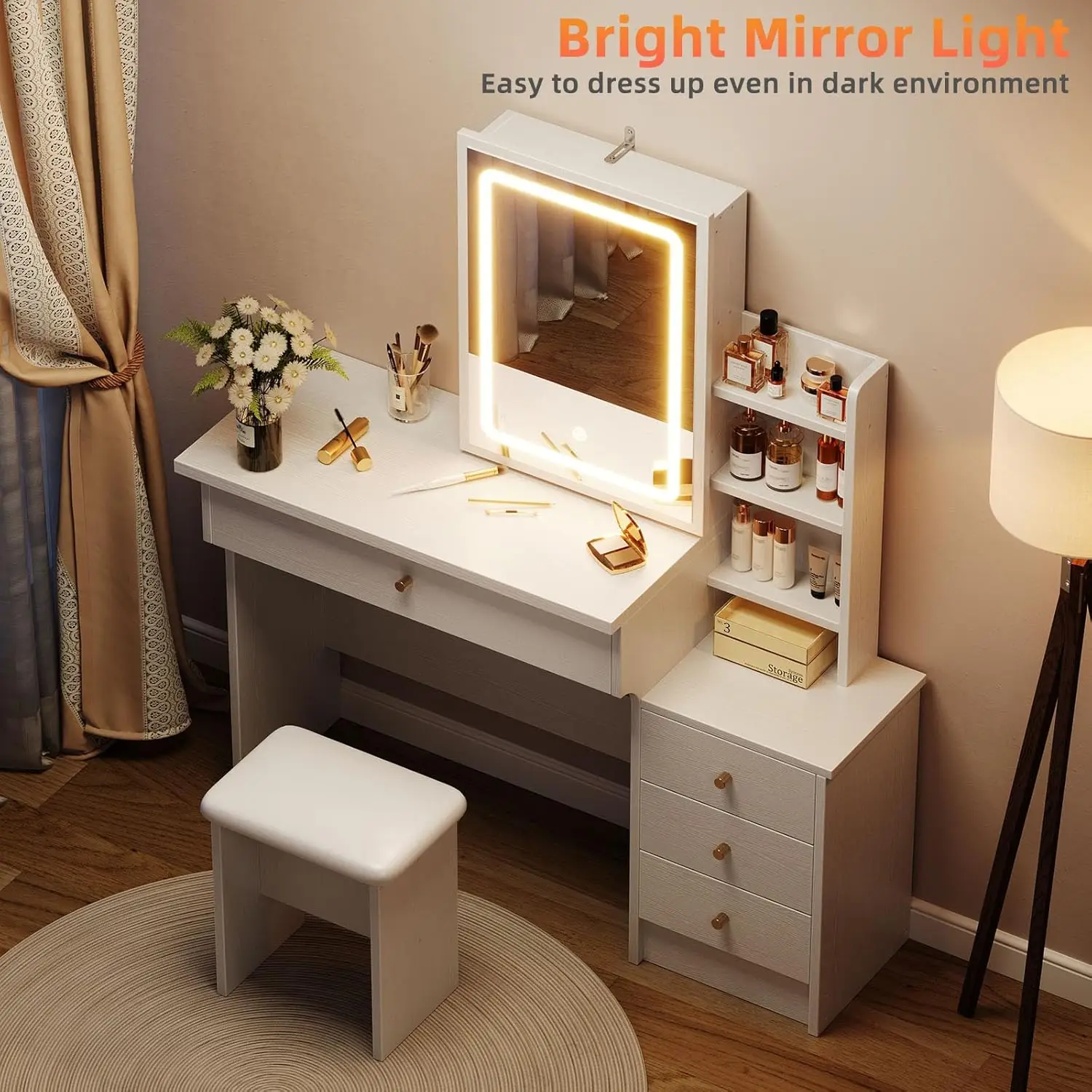 White Wooden Vanity Desk for Bedroom with 3 Adjustable Lighting Modes, Sliding Mirror, 4 Drawers and 7 Shelves view 2