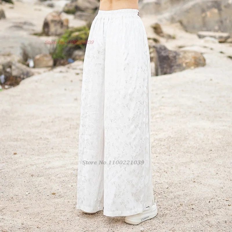 2025 chinois vintage taille élastique pantalon national satin jacquard folk pantalon femmes traditionnel jambe large pantalon ethnique pantalon