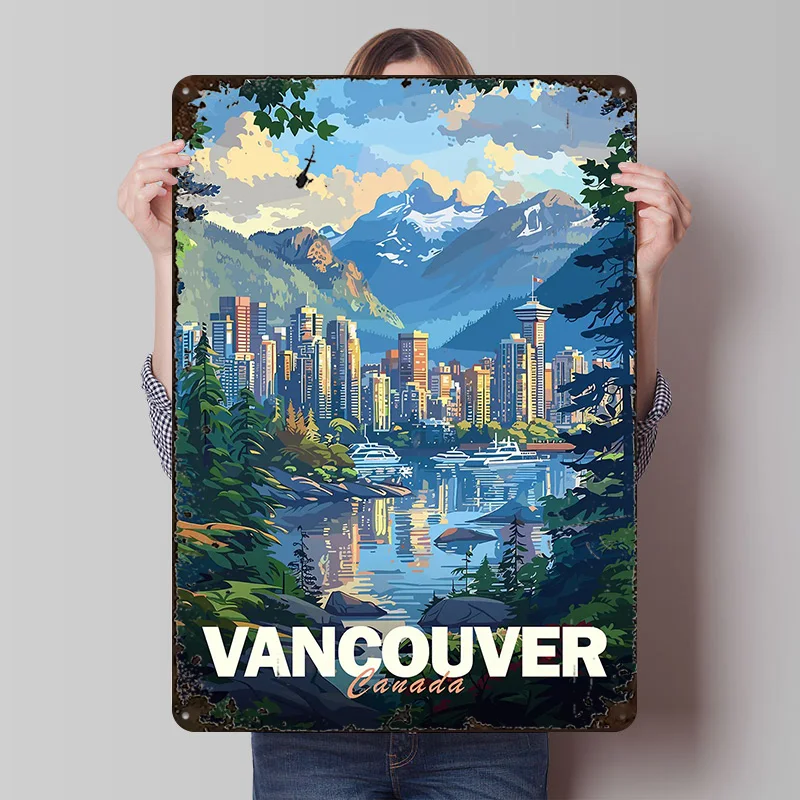 فانكوفر سيتي سكيب ملصق معدني علامات القصدير ديكور المرآب في المنزل علامة معدنية مخصصة للجدار ديكور فني عناصر ديكور المنزل