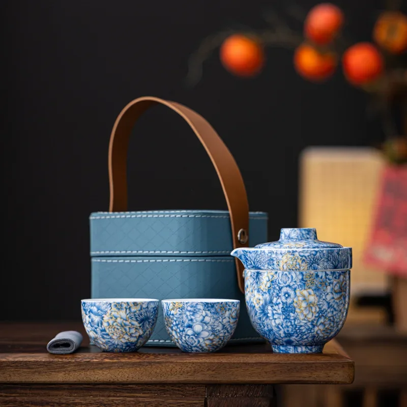 Colorful Camping Gift Enamel Travel Tea Set with Flowers High-end and Light Luxury One Pot and Two Cups Portable Outdoor Tea Set