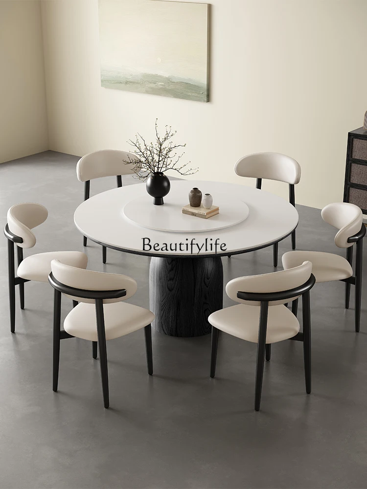 French Vintage Style round Stone Plate Dining Table and Chair Solid Wood Simplicity Modern Black Italian round Dining Table