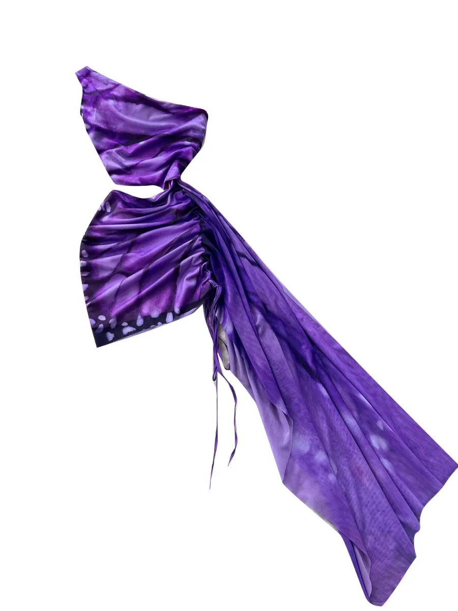 فستان Foamlina العصري Ins المتخصص بخصر واحد وكتف واحد بدون أكمام مطبوع فساتين نسائية صيفية غير متماثلة ميدي Bodycon